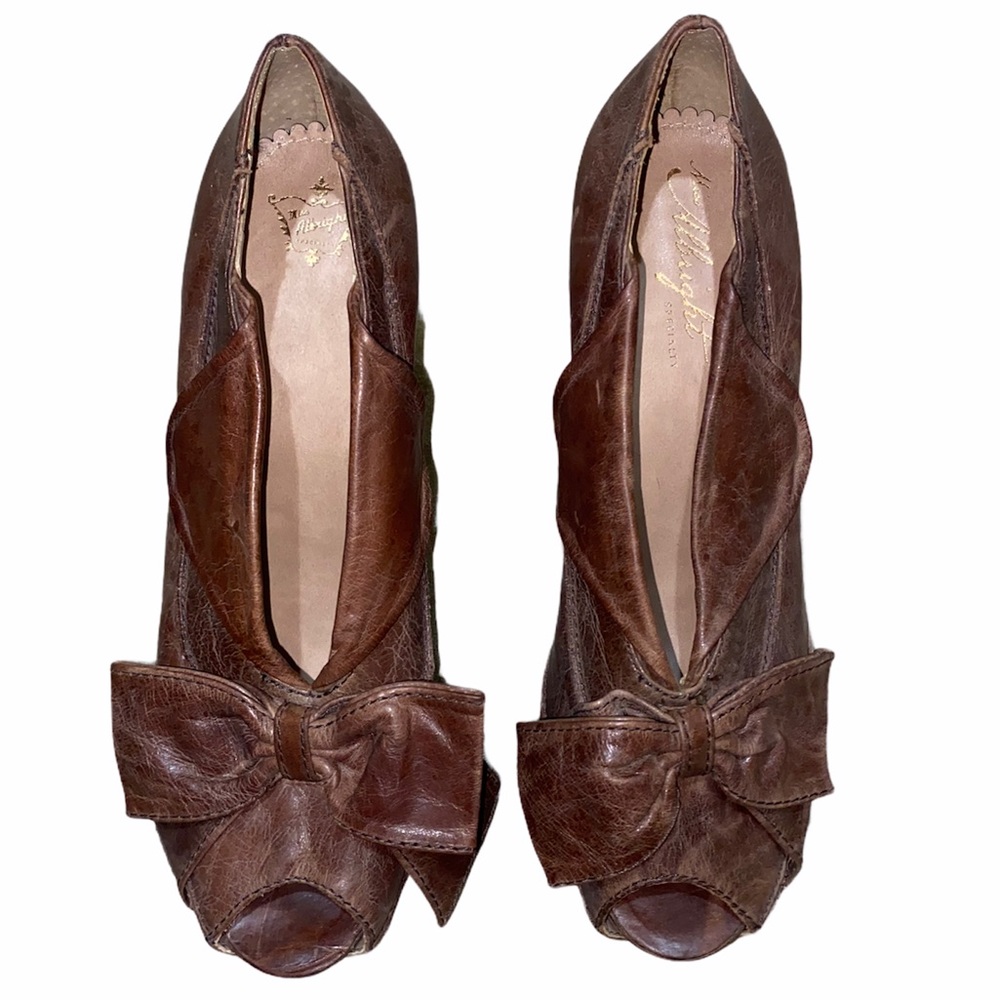 Miss Albright Brown Leather Bow Peep Toe Heels sz 7.5 - Picture 2 of 7